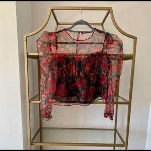Flouncy Red & Black Floral Print Semi-Sheer Blouse